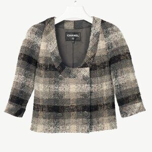 Chanel 18B Grey Metallic-Check Wool Double-Breasted Jacket
